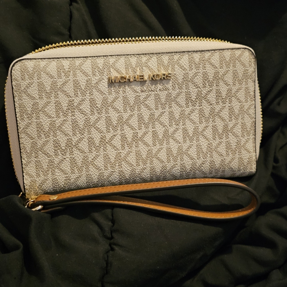 Michael Kors Monogram Wristlet in Cream and Brown